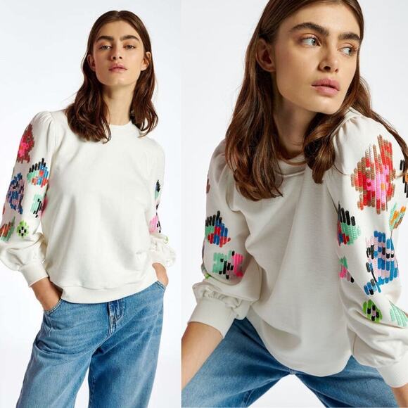 Essentiel Antwerp White Cotton Sweatshirt w Multicolor Sequin Detail Size Small - Picture 1 of 13